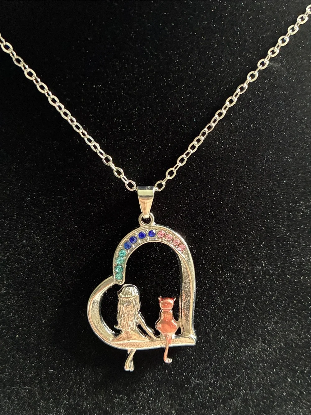 Heart Pendant Necklace with Girl and Cat and Multicolor Stones